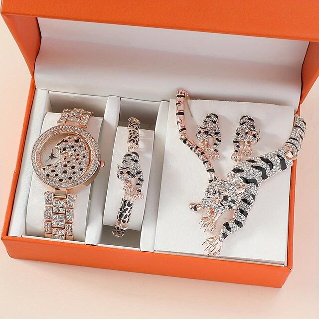  5pcs/set Rhinestone Leopard Fancy Women Watches Jewelry Sophisticated And Stylish Women Watch Unique Ladies Watches
