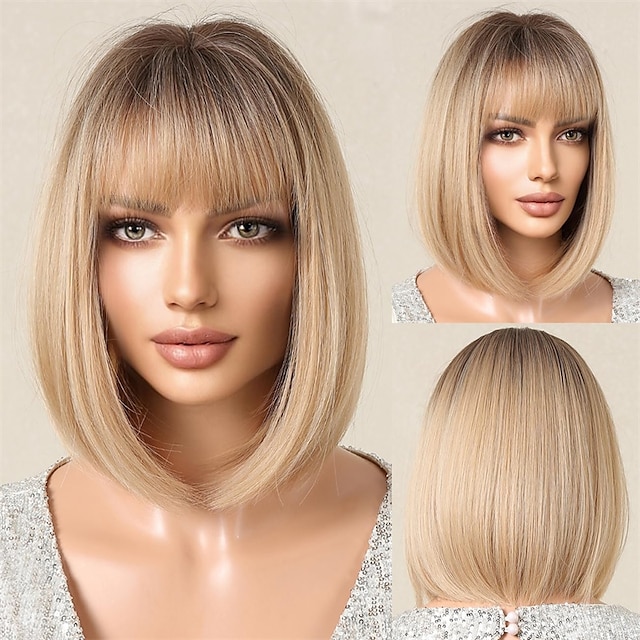  Bob Ombre Blonde Wig with Bangs Natural Short Straight Wigs for Women Shoulder Length Synthetic Wigs for Daily Cosplay