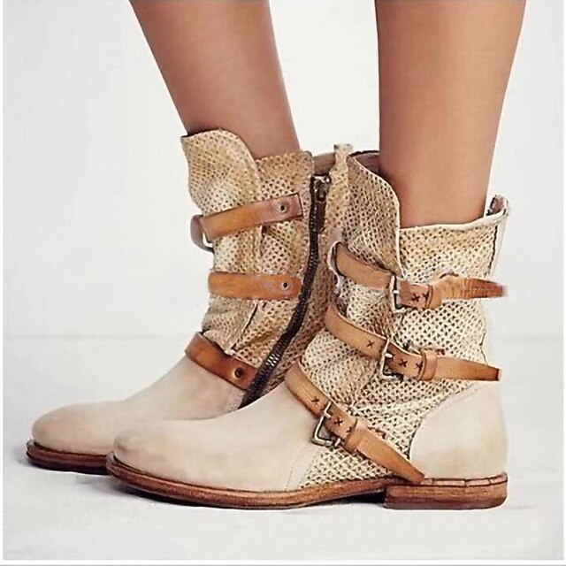 Women's Beige Slouchy Ankle Boots with CutOut Design and Buckle Straps