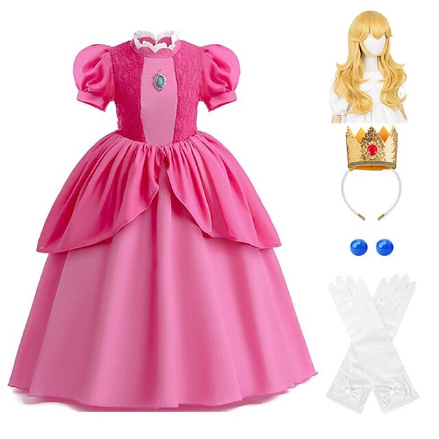  Princess Peach Costume for Girls,Super Brothers Princess Peach Dress for Kids Cosplay Halloween Party Dress Up With Wig