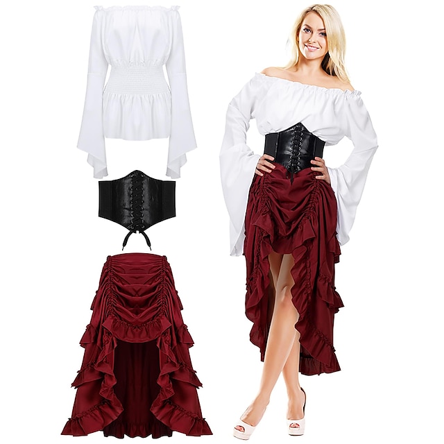  kvinnors medeltida renässanskläder 3 st pirat viking bondtoppar korsett bälte steampunk kjol asymmetrisk fåll larp cosplay kostym