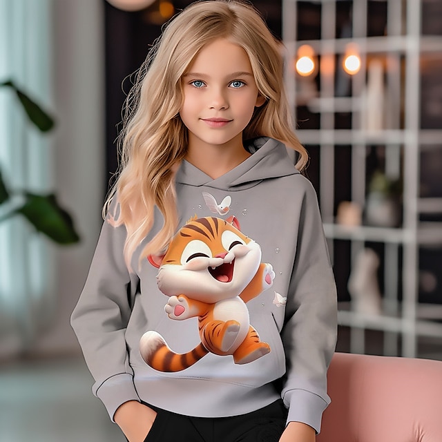  Pige 3D Tiger Hattetrøje Pullover Langærmet 3D-udskrivning Efterår Vinter Aktiv Mode Sød Stil Polyester Børn 3-12 år udendørs Afslappet Daglig Regulær