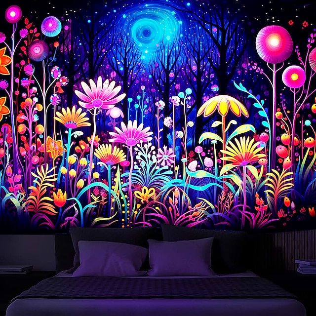  Blacklight Tapestry UV Reactive Glow in the Dark Flower Trippy Misty Nature Landscape Hanging Tapestry Wall Art Mural for Living Room Bedroom