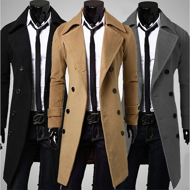 Men's Winter Coat Overcoat Peacoat Trench Coat Formal Business Winter 95% polyester 5% cotton Warm Outerwear Clothing Apparel Coats / Jackets Solid Color Vintage Style Notch lapel collar 24