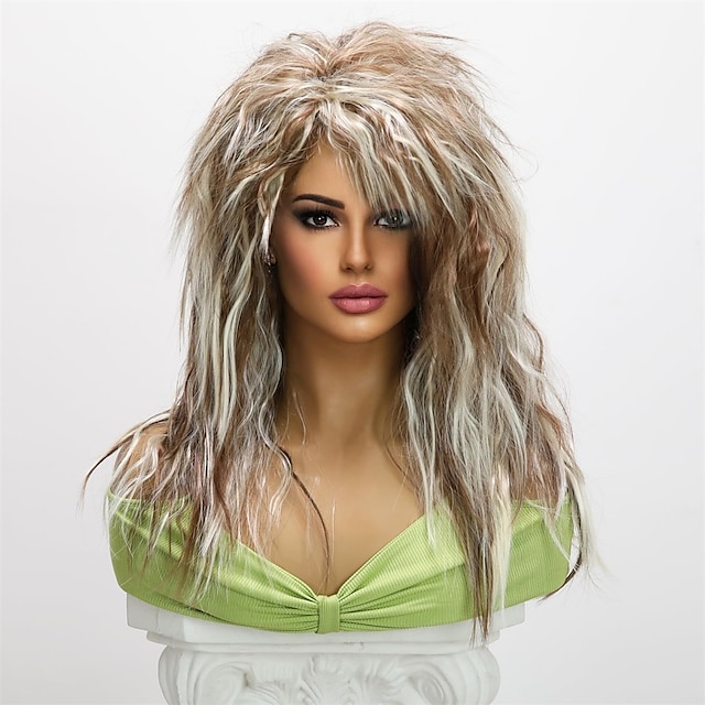  Peruca sintética de 20 polegadas para mulheres - peruca longa ondulada encaracolada marrom branca dos anos 70 e 80, peruca punk foguete resistente ao calor - ideal para festas de Halloween e cosplay
