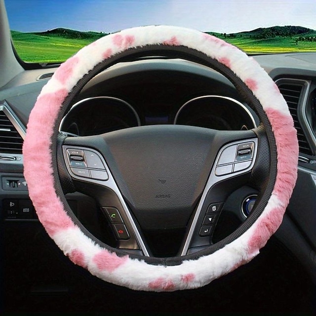  Couverture de volant de voiture en peluche motif vache, sans anneau intérieur, bande élastique, couverture de poignée de voiture, accessoires de voiture pour femmes