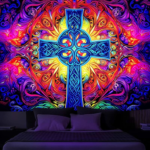  Blacklight Tapestry UV Reactive Glow in the Trippy Cross Misty Nature Landscape Hanging Tapestry Wall Art Mural for Living Room Bedroom