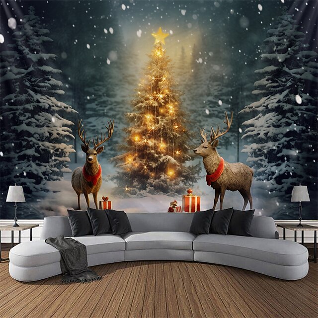 Christmas Decorations Snow Tree Reindeers Hanging Tapestry Wall Art Xmas Large Tapestry Mural Decor Photograph Backdrop Blanket Curtain Home Bedroom Living Room Decoration 9