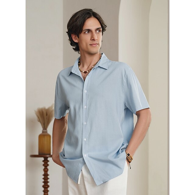 55% linned Herre linned skjorte Sommer skjorte Strandtrøje Sort Hvid ...