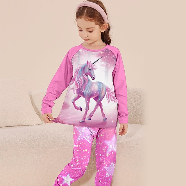  Девочки 3D единорогом пижама Розовый Длинный рукав 3D печать Весна Осень Зима Активный Мода Симпатичные Стиль Полиэстер Дети 3-12 лет Вырез под горло Дом Повседневные В помещении Стандартный