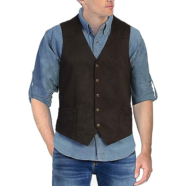  Retro Vintage Vest Waistcoat West Cowboy Men's Solid Color V Neck Vest