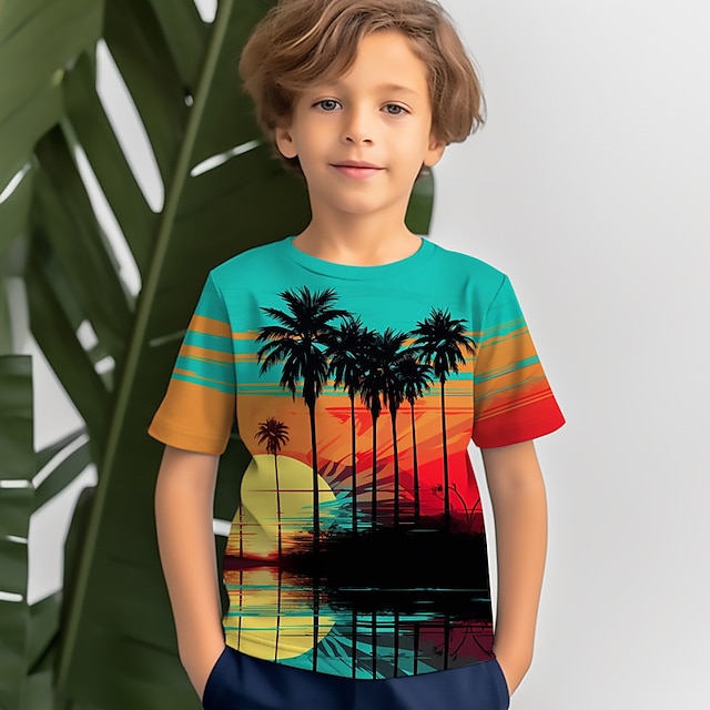  Jungen 3D Kokosnussbaum T-Shirt Hemd Kurzarm 3D-Druck Sommer Urlaub Tropisch Hawaiianisch Polyester kinderkleidung 3-12 Jahre Rundhalsausschnitt Outdoor Casual Täglich Regular Fit
