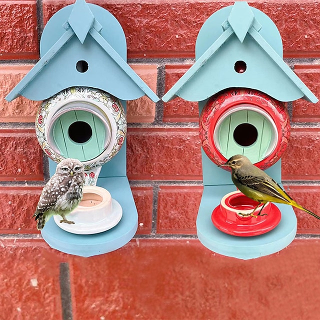  William Morris - Tetera verde azulado, casa y comedero para pájaros, decoración de tetera de cerámica y metal de madera, casa para pájaros para patio al aire libre, jardín, comedero colgante
