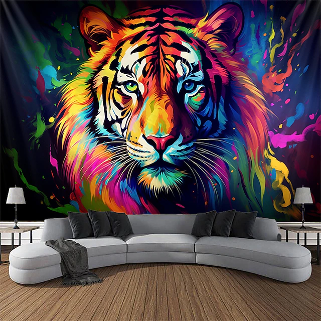 Blacklight Tapestry UV Reactive Glow in the Dark Glow Party Neon Tiger Animal Psychedelic Trippy Misty Hanging Tapestry Wall Art Mural for Living Room Bedroom 26