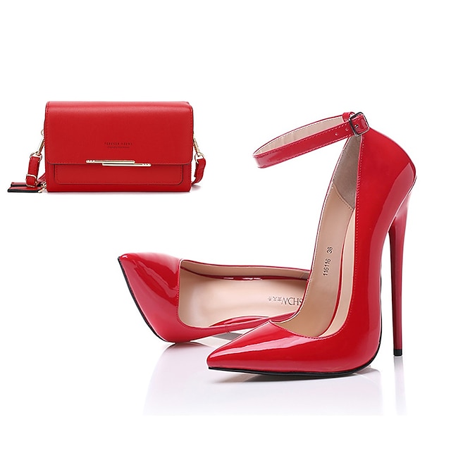  sko og tasker sæt til aftenfest valentinsdag bryllup damehæle pumps brude brudepige sko stiletter spids tå pu læder mode elegant sexet rød sort