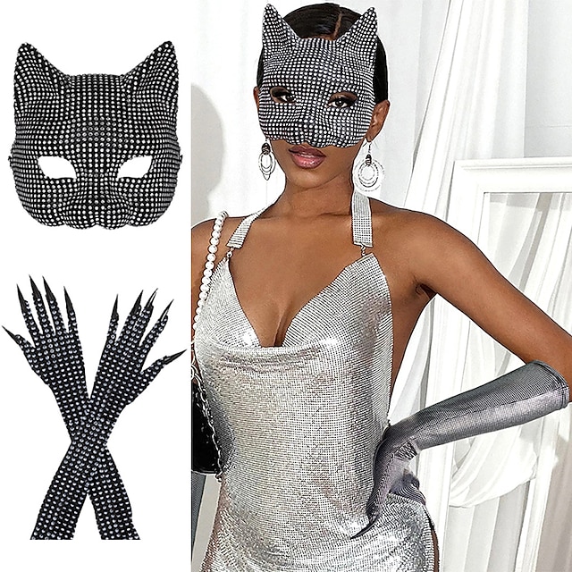 Cat Women Sexy Shiny Metallic Cat Mask Long Gloves Punk & Gothic Cosplay Costume Carnival Party Evening Club Outfits Accessories 15