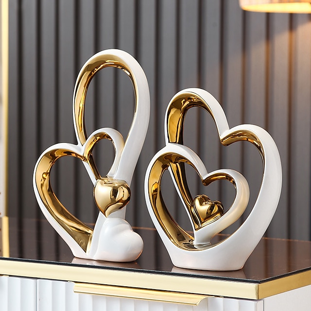  Double Heart Porcelain Decor for Living Room, Entryway, Coffee Table, and Shelves - Perfect Anniversary and Father's Day Gift for Couples and Lovers - Modern and Decorative Home Decor