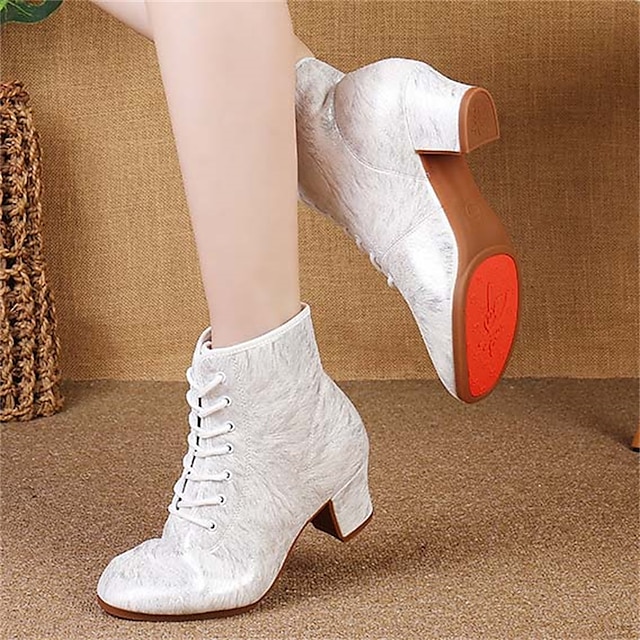  Women's Latin Shoes Modern Shoes Dance Boots Performance Wedding Party Evening Velvet Floral Bootie Fashion Party / Evening Stylish Pattern / Print Thick Heel Round Toe Lace-up Adults' White