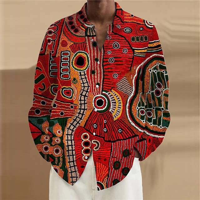  Ethnic Vintage Tribal Men's Shirt Daily Wear Going out Fall & Winter Turndown Long Sleeve Burgundy, Blue, Brown S, M, L 4-Way Stretch Fabric Shirt