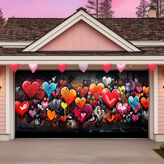  Día de San Valentín Corazones coloridos Cubierta de puerta de garaje al aire libre Banner Decoración de fondo grande para puerta de garaje al aire libre Decoraciones de pared para el hogar Evento