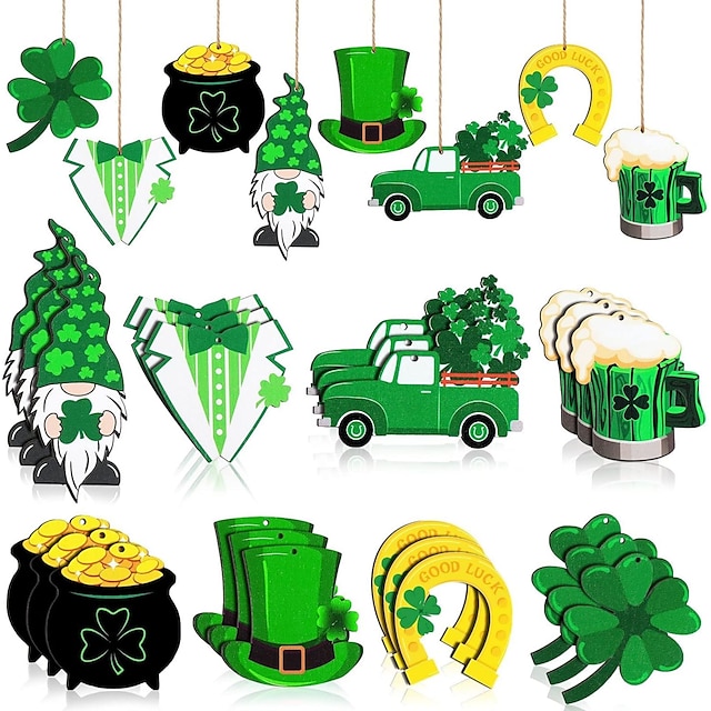  24pcs St. Patrick's Day Ornaments Wooden St. Patricks Day Decorations Lucky Hanging Ornament Hanging Wishes Craft for Tree Shamrock Wall Decoration 8 Styles Irish Horseshoes