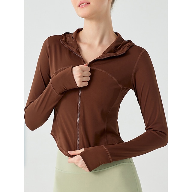  Women's Running Shirt Solid Color Yoga Fitness Full Zip Thumbhole Black Pink Brown Hooded High Elasticity Spring &  Fall
