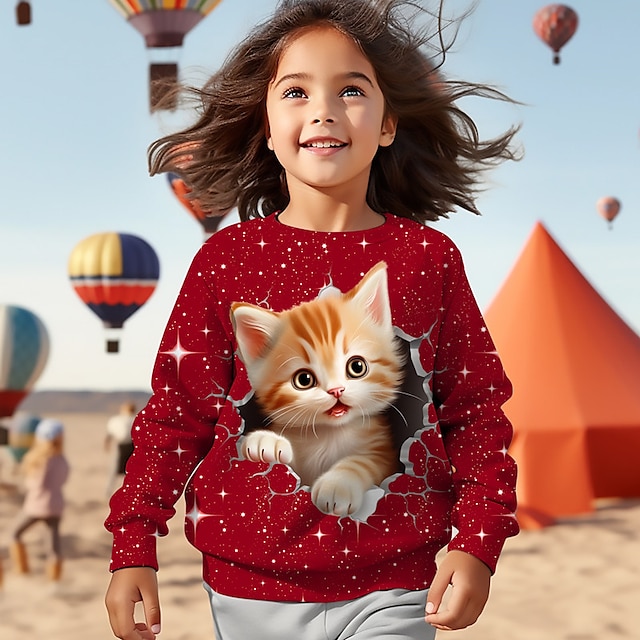  3D-Katzen-Sweatshirt für Mädchen, Pullover, langärmelig, 3D-Druck, Frühling, Herbst, Mode, Streetwear, bezaubernd, Polyester, Kinder, 3–12 Jahre, Rundhalsausschnitt, Outdoor, lässig, täglich, normale