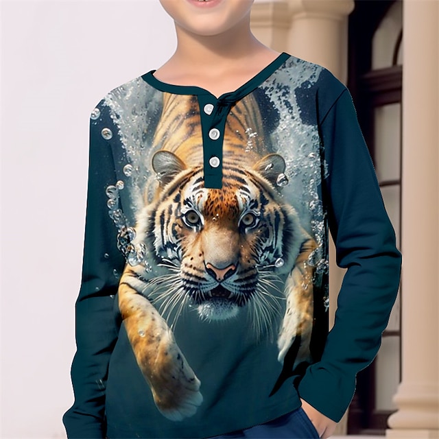  Drenge 3D Tiger Henley skjorte Langærmet 3D-udskrivning Forår Efterår Sport Mode Gade Polyester Børn 3-12 år Rund hals udendørs Afslappet Daglig Regulær