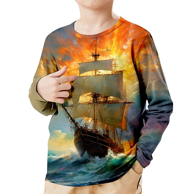  Boys 3D Graphic Tee Shirt Long Sleeve 3D Print Spring Fall Sports Fashion Streetwear Polyester Kids 3-12 Years Crew Neck Outdoor Casual Daily Regular Fit