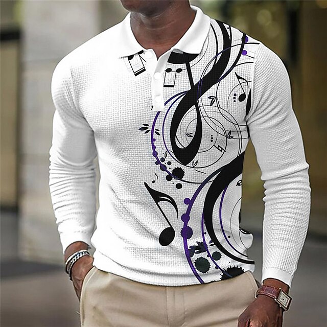 Music Festival Men's Music Waffle Polo Shirts Golf Shirt Long Sleeve Polo Shirts Collared Shirts Casual Vacation Wear Festival Wear Party Outfits Buttons 3D Print Fall & Winter Black White3