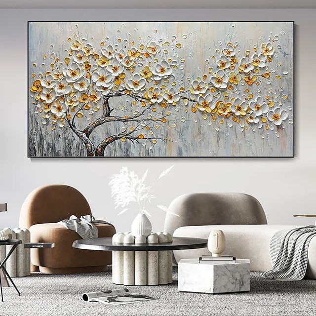  handgjord oljemålning canvas väggkonst dekoration 3d palettkniv stor vit blomma för heminredning rullad ramlös osträckt målning