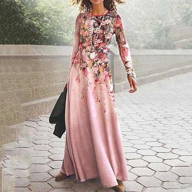 Women's Maxi Dress Casual Dress Swing Dress Floral Dress Long Dress Pink Long Sleeve Floral Print Summer Spring Crew Neck Fashion Summer Dress Daily Date4