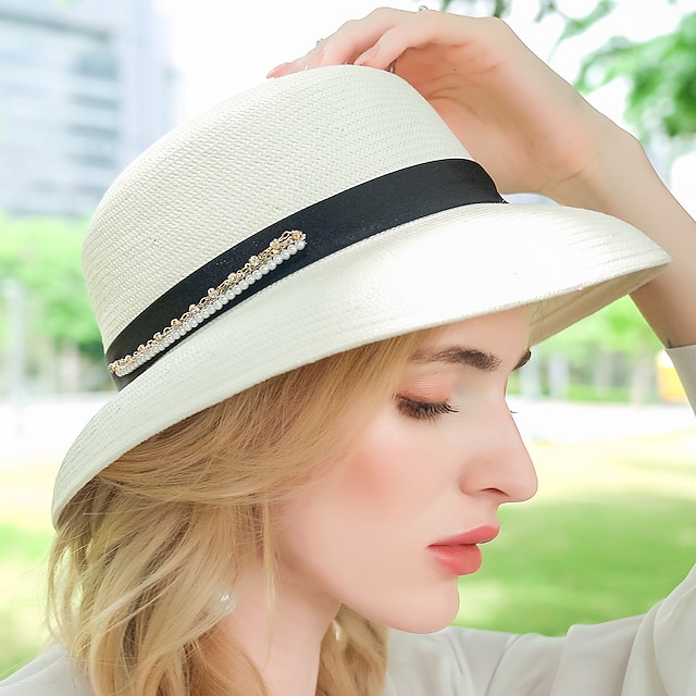  Chapéus de fibra de poliéster balde chapéu de palha chapéu de sol casamento casual elegante com fitas pérolas headpiece headwear