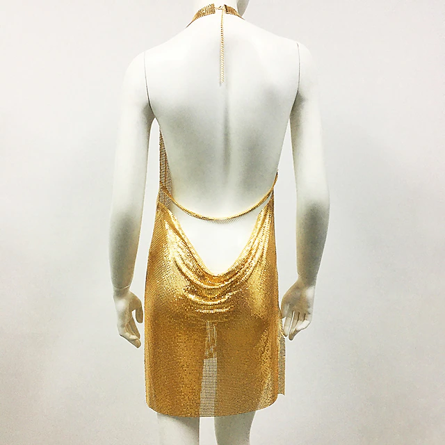 Metallic Backless Sparkle Body Chain Mini Dress Disco Sequins Solid ...