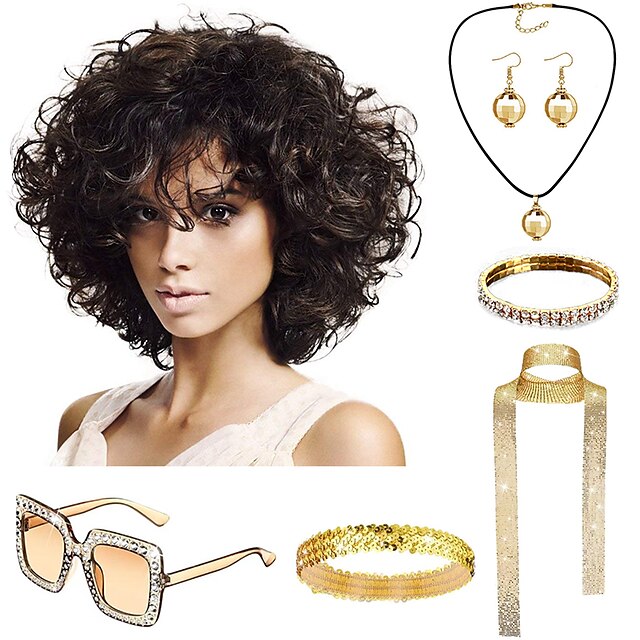  Short Curly Afro Wigs for Black Women Kinky Curly Hair Wig Natural Fashion Synthetic Full Wig for African American Women with 6 Pieces Disco Accessories Women's Hijab Earrings Bracelet