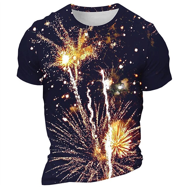 Men's Graphic Fireworks T Shirt Short Sleeve T shirt 3D Print Crew Neck Shirt Daily Designer Retro Vintage Carnival Sports Outdoor Holiday Black Red Navy Blue Spring & Summer Clothing Apparel S M L4