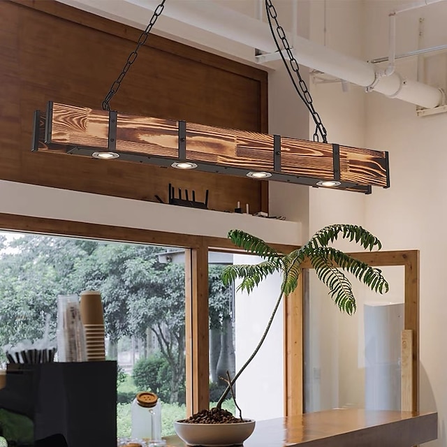 led hanglamp 100 cm liner design warm wit 4-lichts hout industriële vintage stijl deaign home office entry& mudroom eetkamer