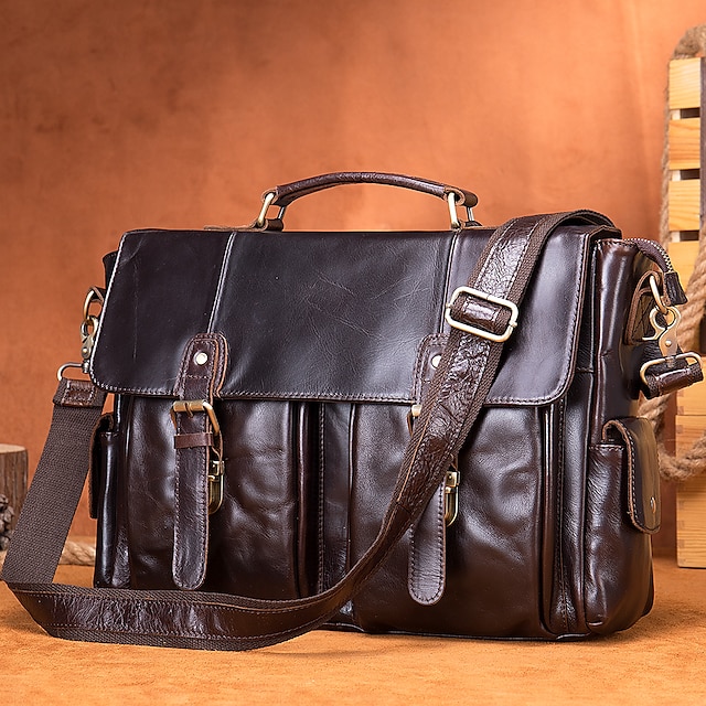  vintage ægte læder herre dokumentmappe bærbar messenger taske første lag okselæder håndtaske retro afslappet stil