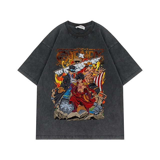  One Piece Affe D. Ruffy Roronoa Zoro T-Shirt-Ärmel Übergroßes Acid Washed T-Shirt Bedruckt Grafik Für Paar Herren Damen Erwachsene Heißprägen Casual