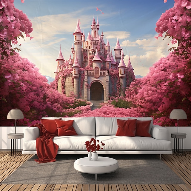  růžový zámek visící gobelín nástěnné umění velký gobelín nástěnná malba výzdoba fotografie pozadí přikrývka opona domácí ložnice dekorace obývacího pokoje
