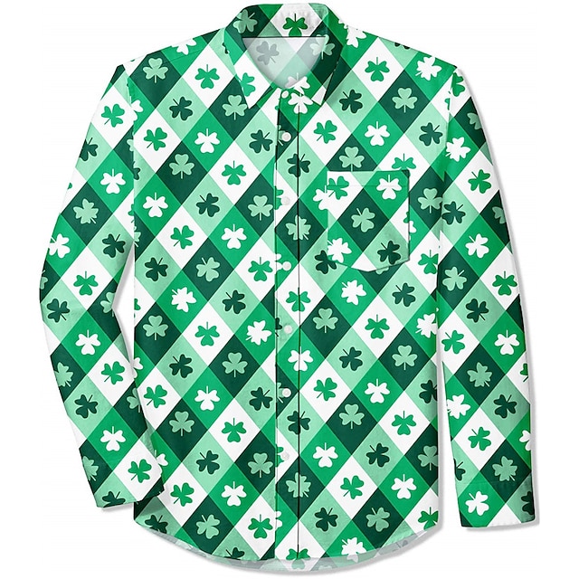  st.patrick's day τετράφυλλο τριφύλλι casual ανδρικό πουκάμισο καθημερινής χρήσης που βγαίνει το φθινόπωρο& χειμερινό turndown μακρυμάνικο μαύρο πράσινο, μαύρο, λευκό s, m, l 4-way stretch