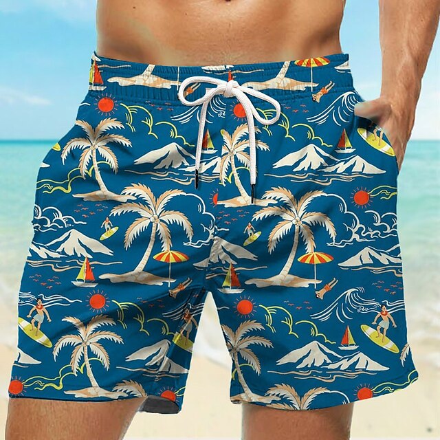  Men's Coconut Tree Swim Trunks Swim Shorts Board Shorts Mid Waist Hawaiian Casual Holiday Beach Drawstring with Mesh lining Elastic Waist Designer Clothing Apparel