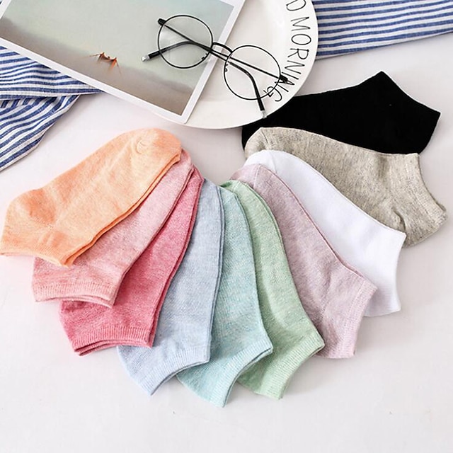  10 pares de meias femininas com corte baixo, meias diárias de poliéster, cor sólida, esportivas, simples, clássicas, casuais/diárias