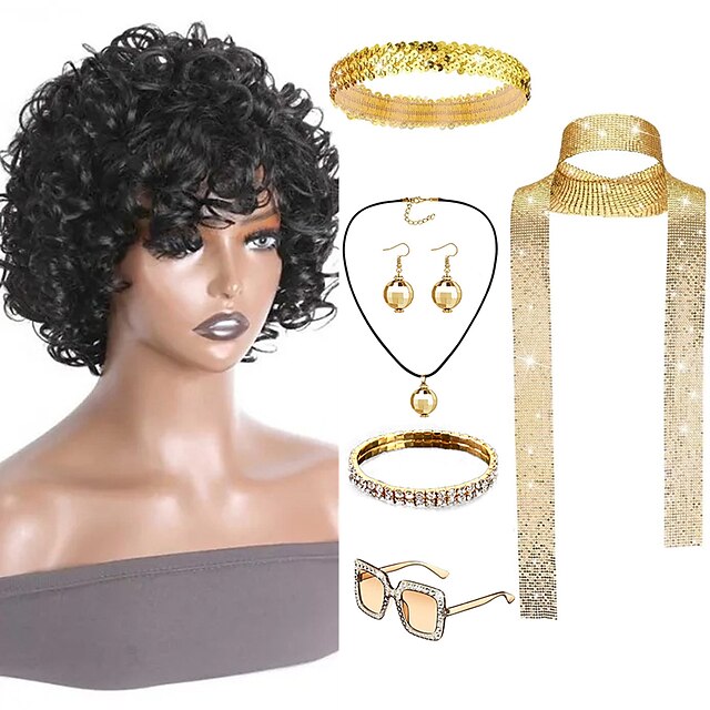  Synthetic Wig Afro Curly With Bangs Machine Made Wig Short Black Synthetic Hair Women's Cosplay Party Paired With Disco Necklace, Earrings, Ring And Sunglasses For Hen Party
