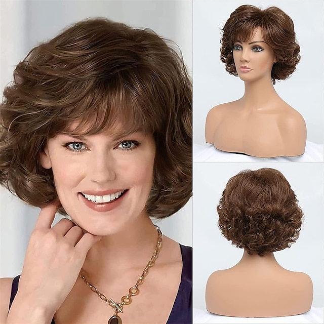  Short Curly Dark Brown Wigs for Old Lady Layered Curly Wig with Bangs Wavy Brown Wig with Dark Roots Natural Synthetic Hair for Carnival Party
