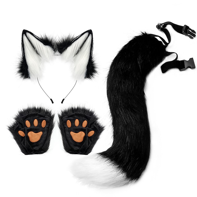  Cat Ears and Wolf Fox Animal Tail Cosplay Costume Faux Fur Hair Clip Headdress Halloween Leather Headband Gloves Tail Set