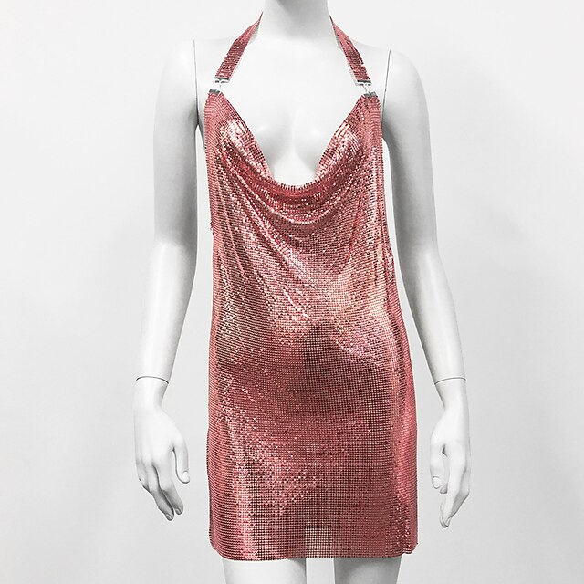 Shimmering Metallic Mini Dress - Sleeveless U-Neck Bandage Party Dress for Women