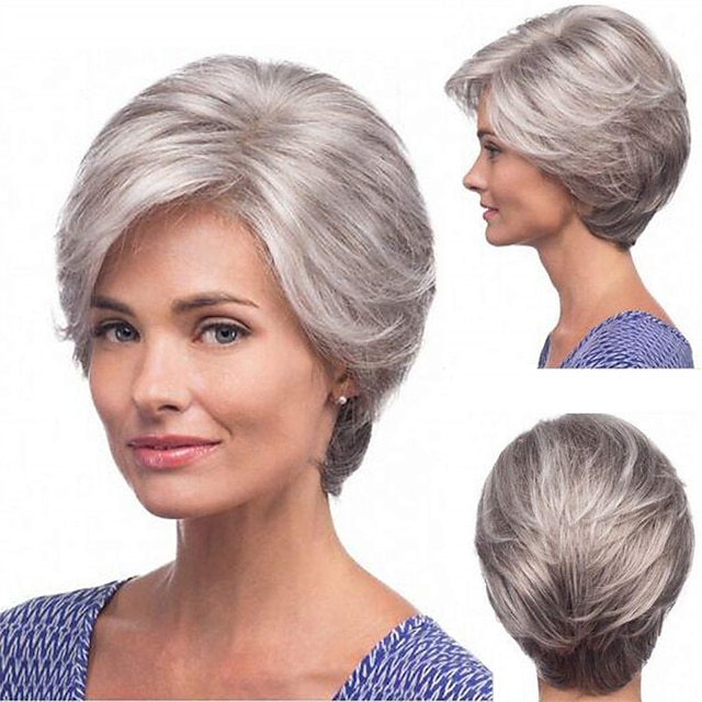  Short Gray Wigs for White Women Layered Mixed Grey Pixie Cut Wigs Short Wavy Silver Wigs Natural Synthetic Hair Wigs for Older Women