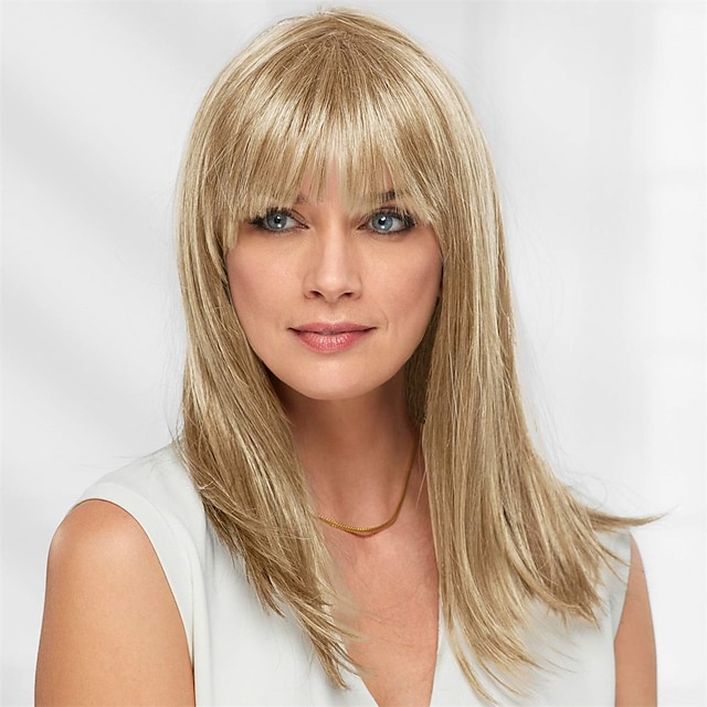  perruque longue et lisse avec une frange émoussée et des pointes au fini rasoir/nuances multi-tons de blond argenté, brun et rouge