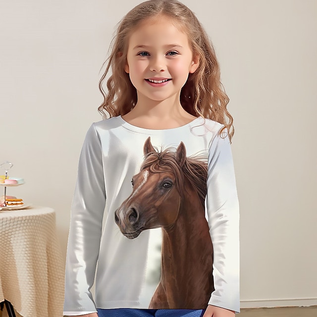  Chica 3D Caballo Camiseta Camisa Manga Larga Impresión 3D Primavera Otoño Activo Moda Estilo lindo Poliéster Niños 3-12 años Cuello Barco Exterior Casual Diario Ajuste regular